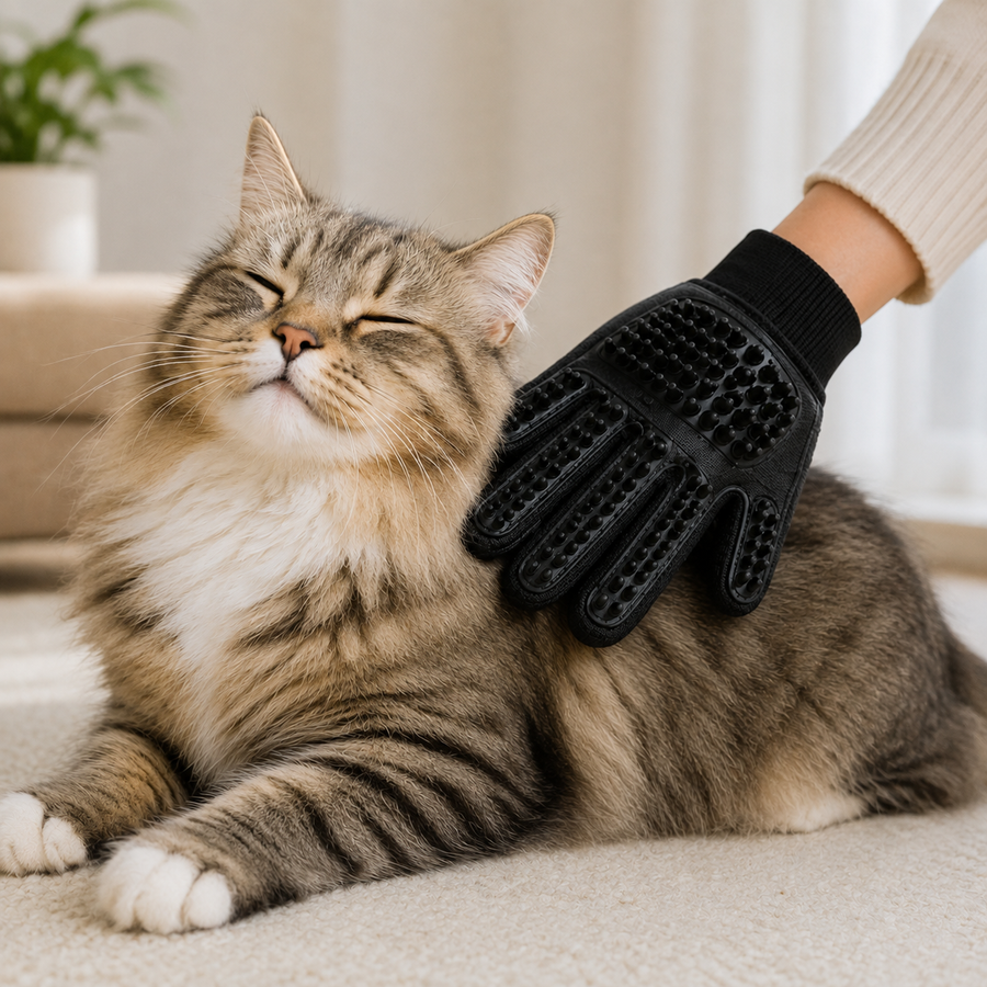 Cat being groomed with the black KYRAVA Gentle Grooming Glove