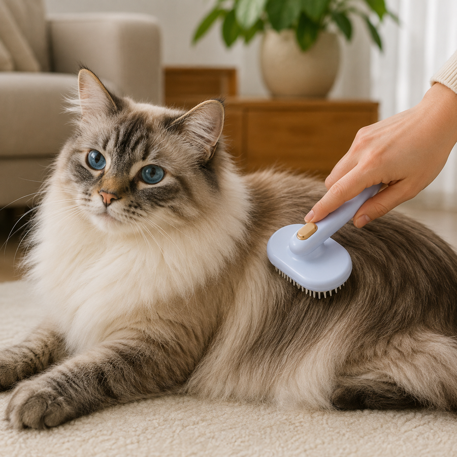 Cat being groomed with the KYRAVA Self-Cleaning Grooming Brush