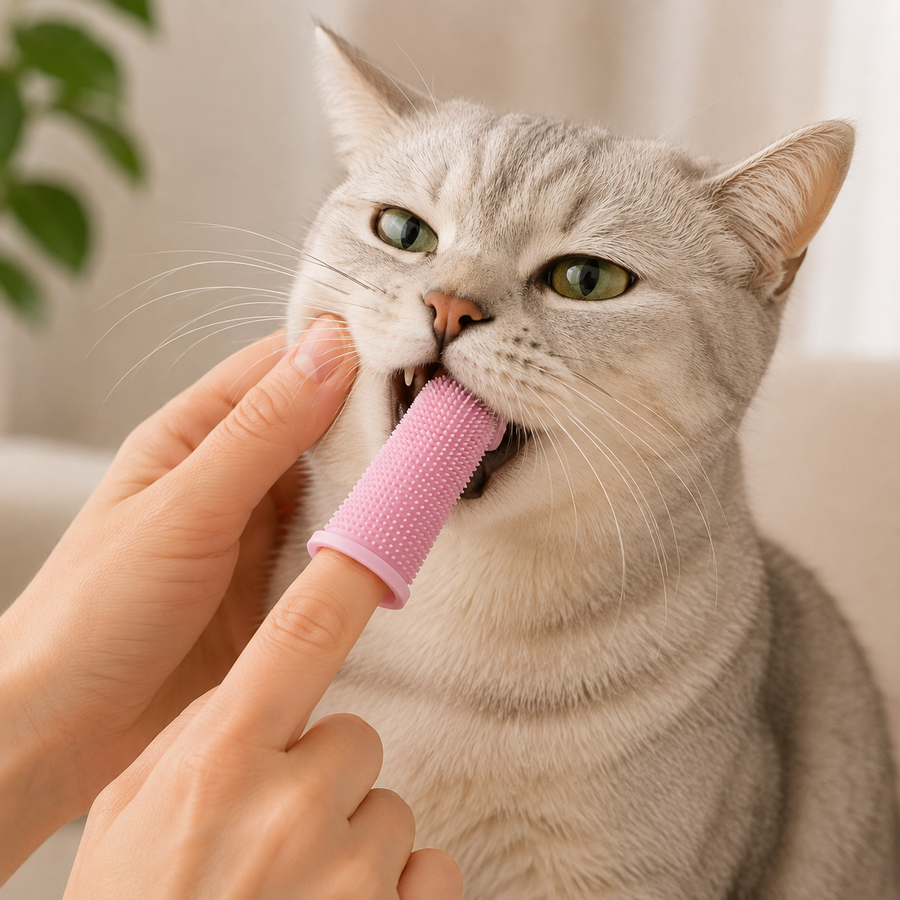 Cat using the KYRAVA Silicone Finger Toothbrush