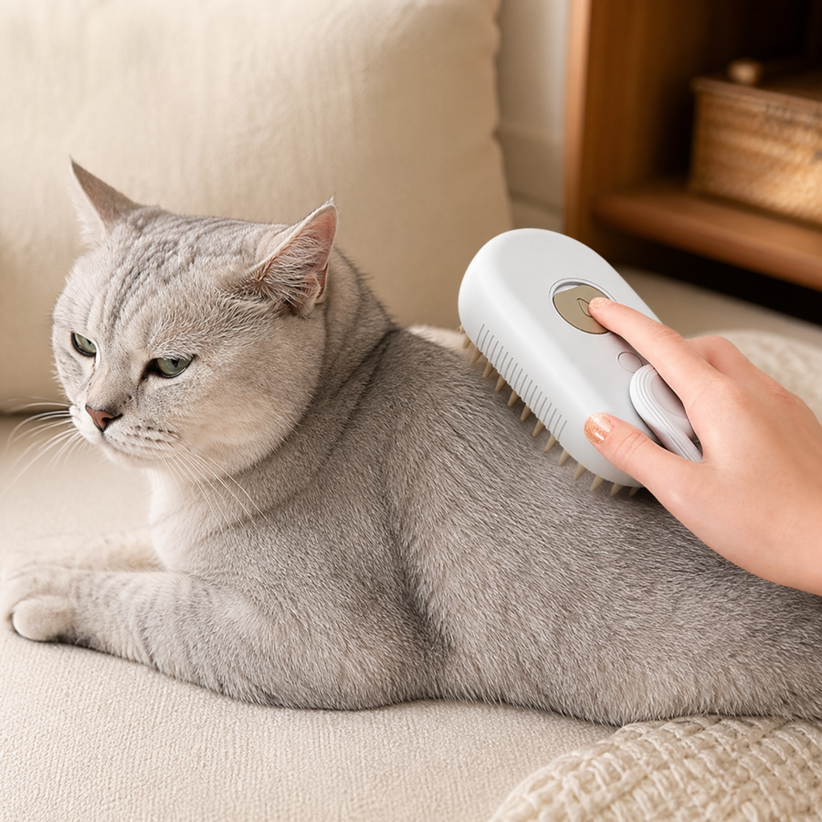 Cat being groomed with the KYRAVA Cat Steam Brush Steamy