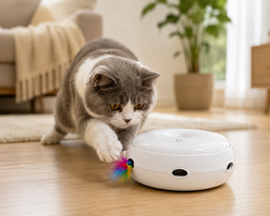 Cat playing with the KYRAVA Hide and Hunt interactive toy indoors