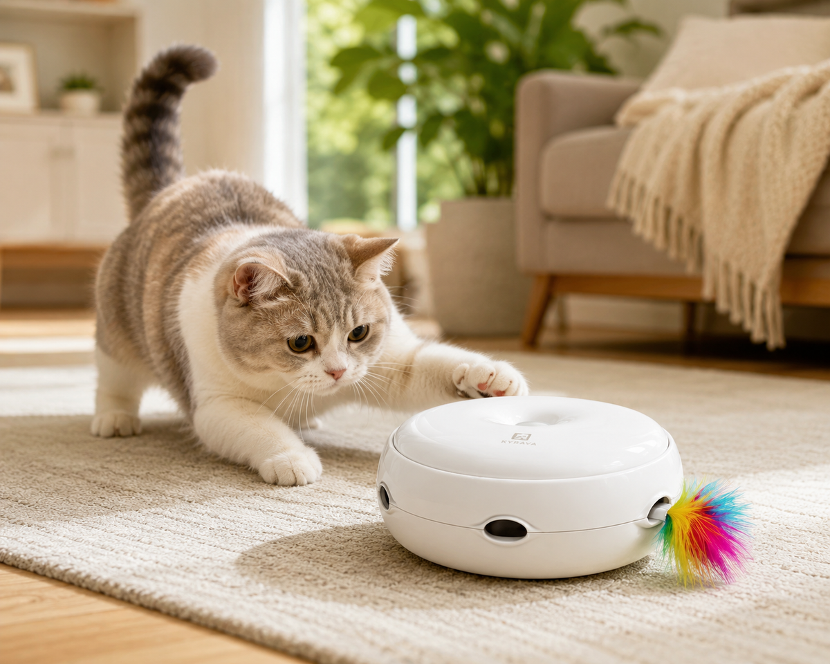 Cat hunting the moving element of the KYRAVA Hide and Hunt toy