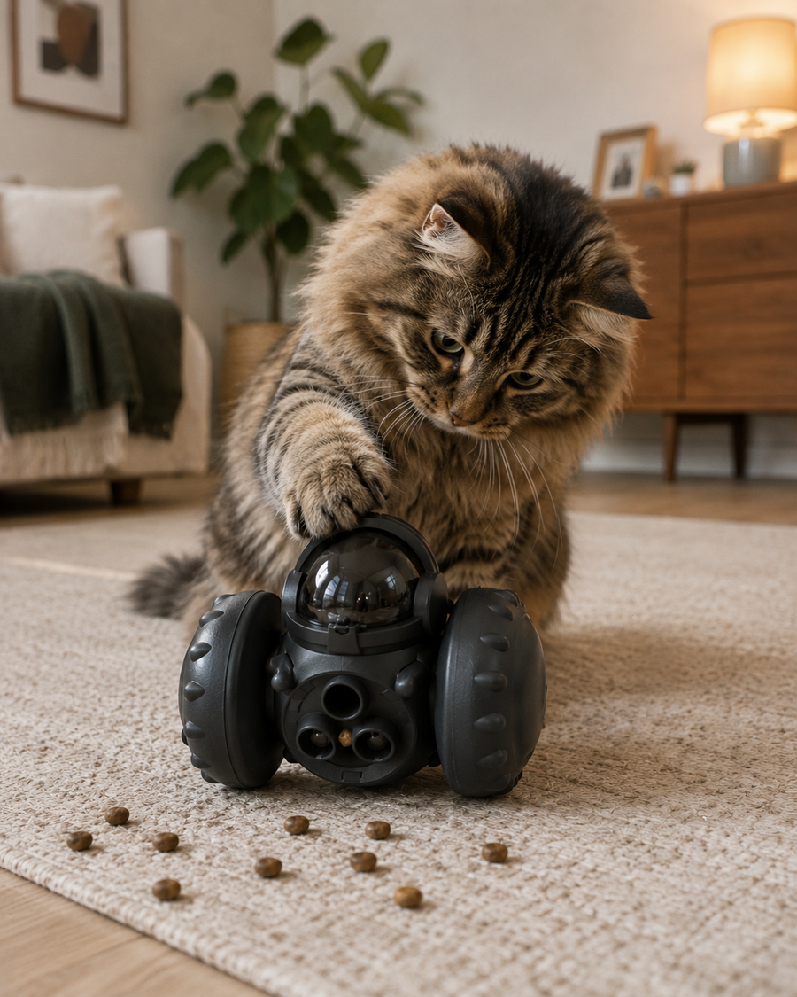 Cat playing with the KYRAVA Interactive Treat-Dispensing Pet Toy