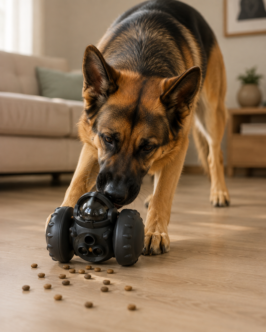 German Shepherd playing with the KYRAVA Interactive Treat-Dispensing Pet Toy