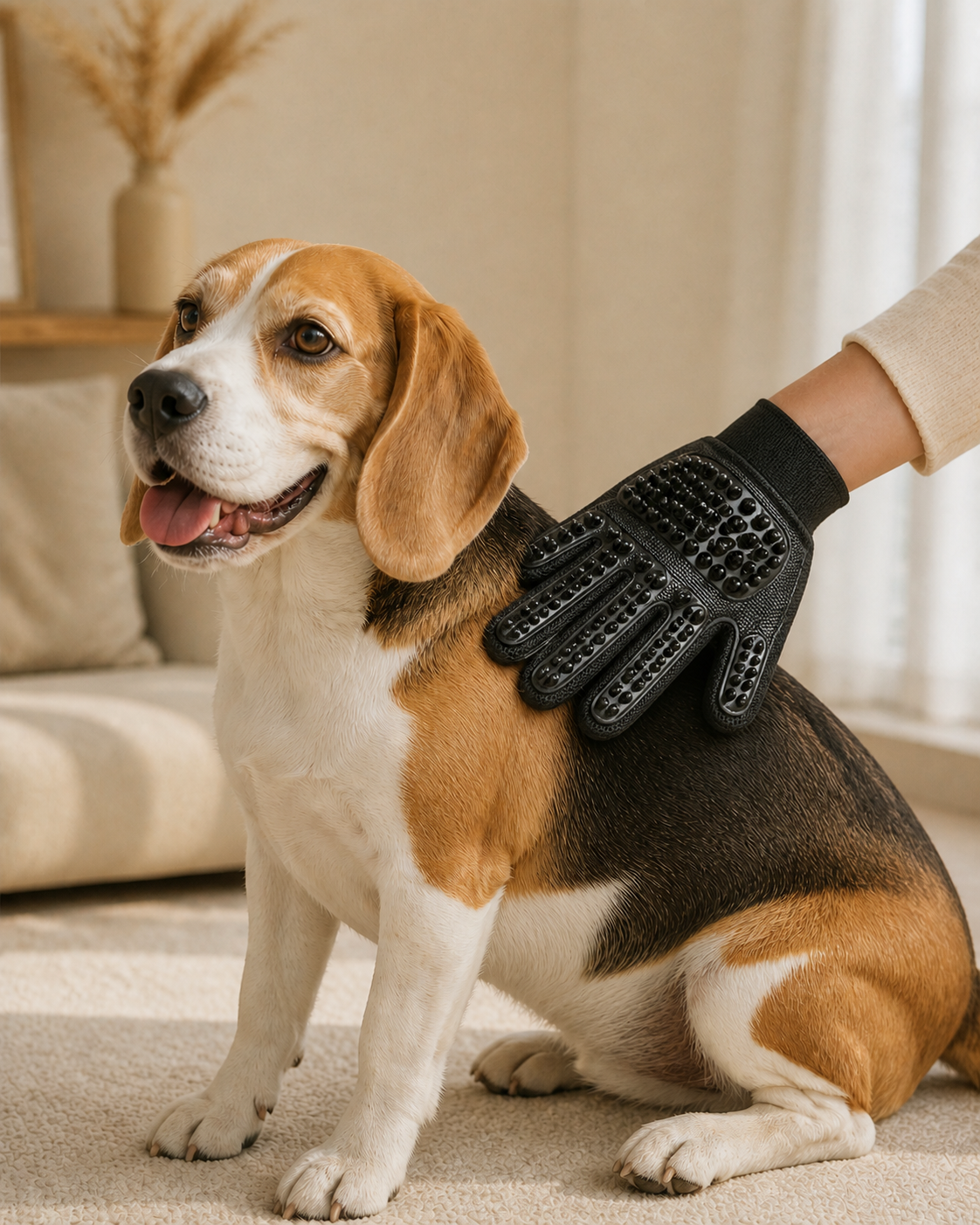Beagle being groomed with the black KYRAVA Gentle Grooming Glove