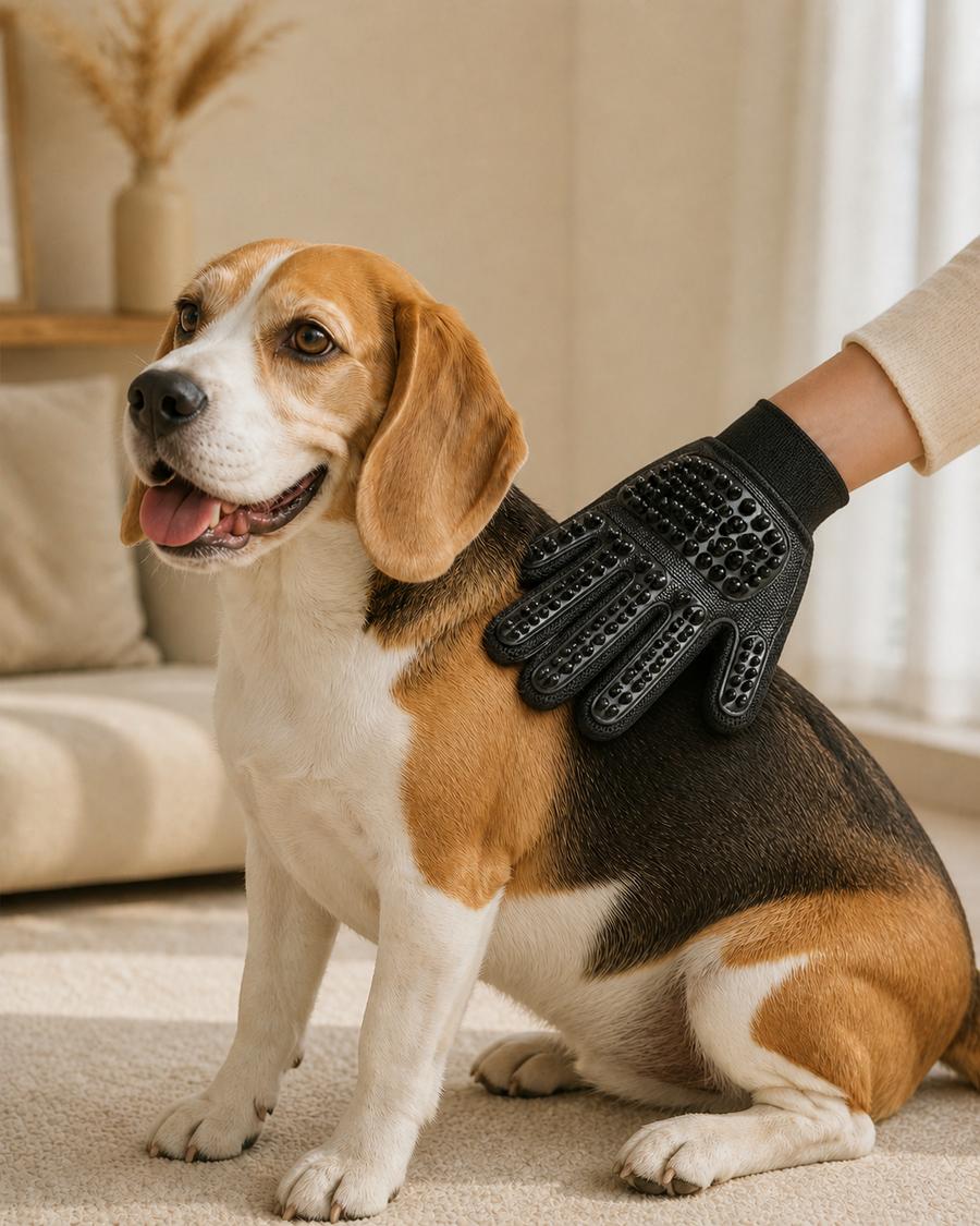 Beagle being groomed with the black KYRAVA Gentle Grooming Glove