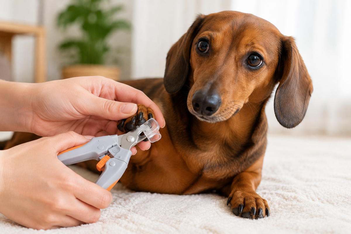 Dachshund having its nails trimmed with the KYRAVA Precision Pet Nail Clipper