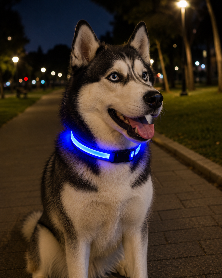 Husky wearing the KYRAVA Rechargeable LED Safety Collar during a nighttime walk