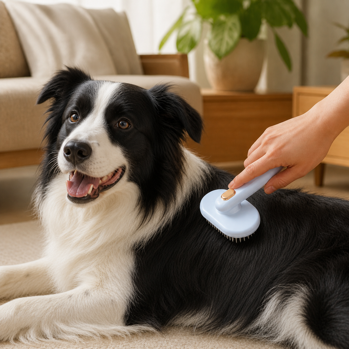 Border Collie being groomed with the KYRAVA self-cleaning grooming brush