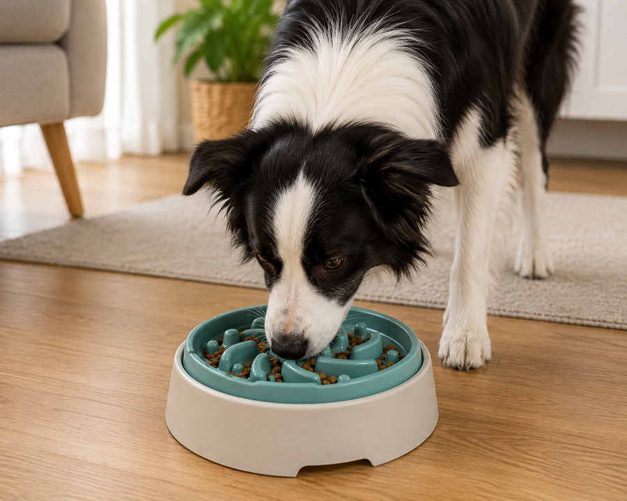 Border Collie eating from the green KYRAVA Slow Feeder Bowl Insert