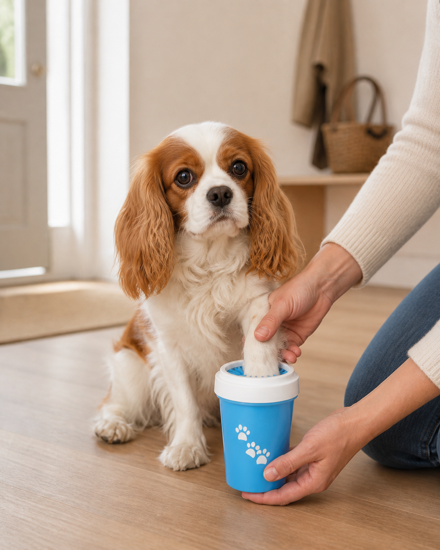 Small dog having its paw cleaned with a blue silicone paw cleaner