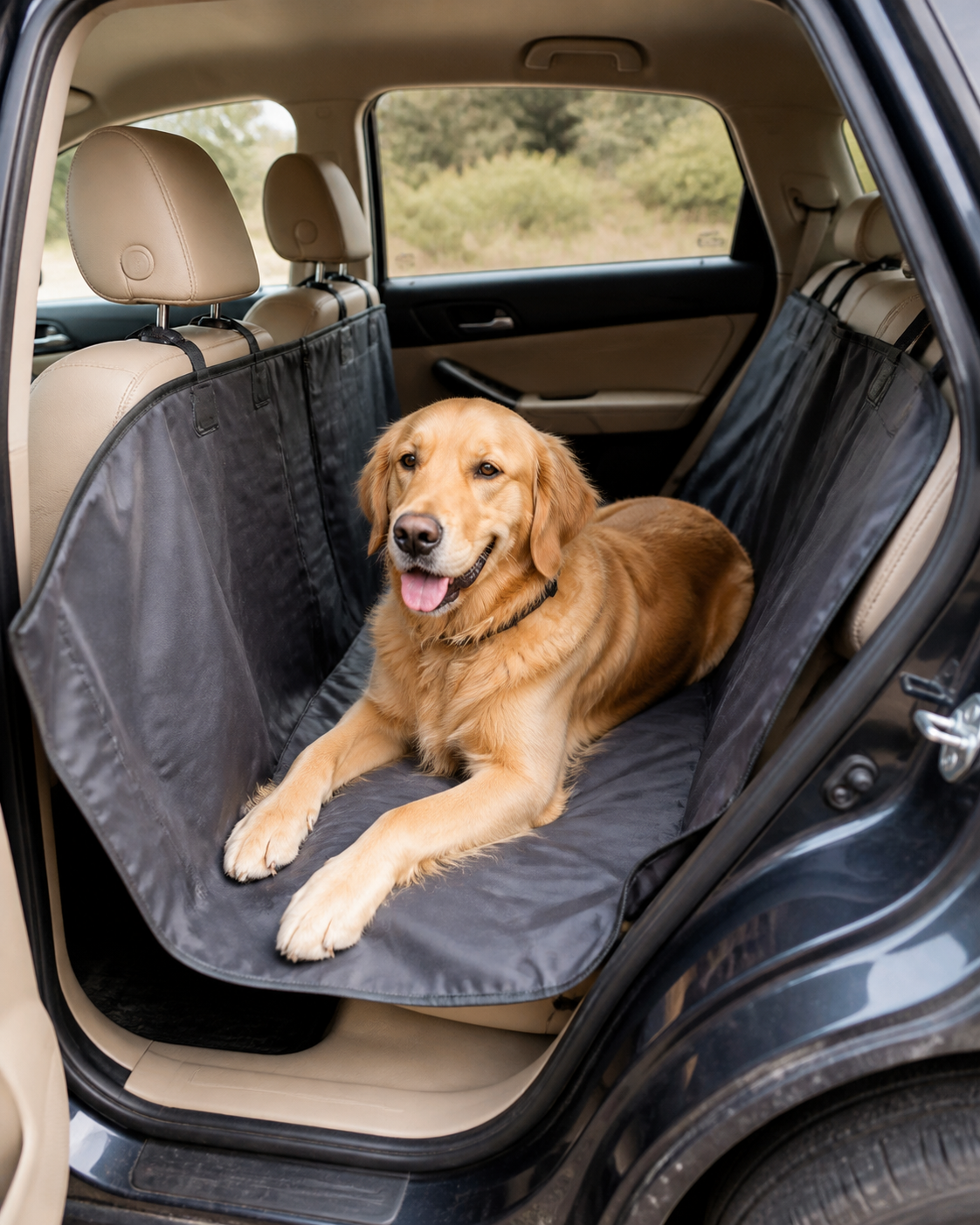 Dog traveling on a protective car seat hammock