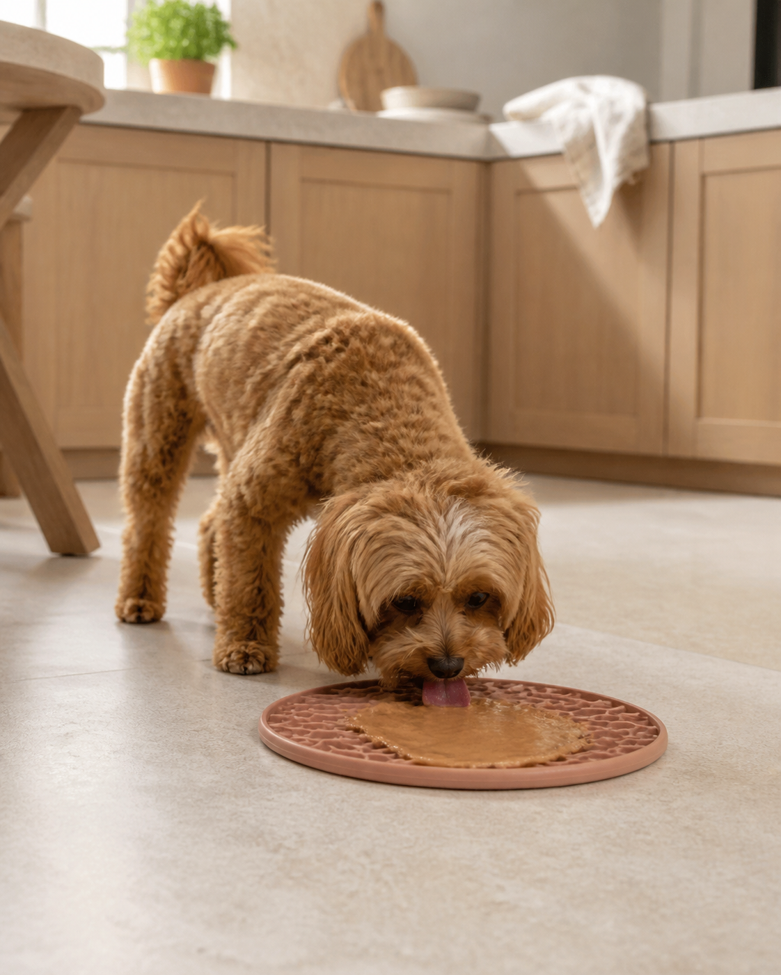 Dog using a slow feeder lick mat